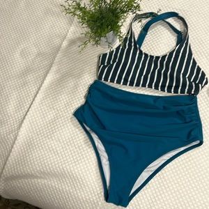 Cupshe 2 piece bikini: emerald/white stripe sz S top, teal blue sz M bottom.